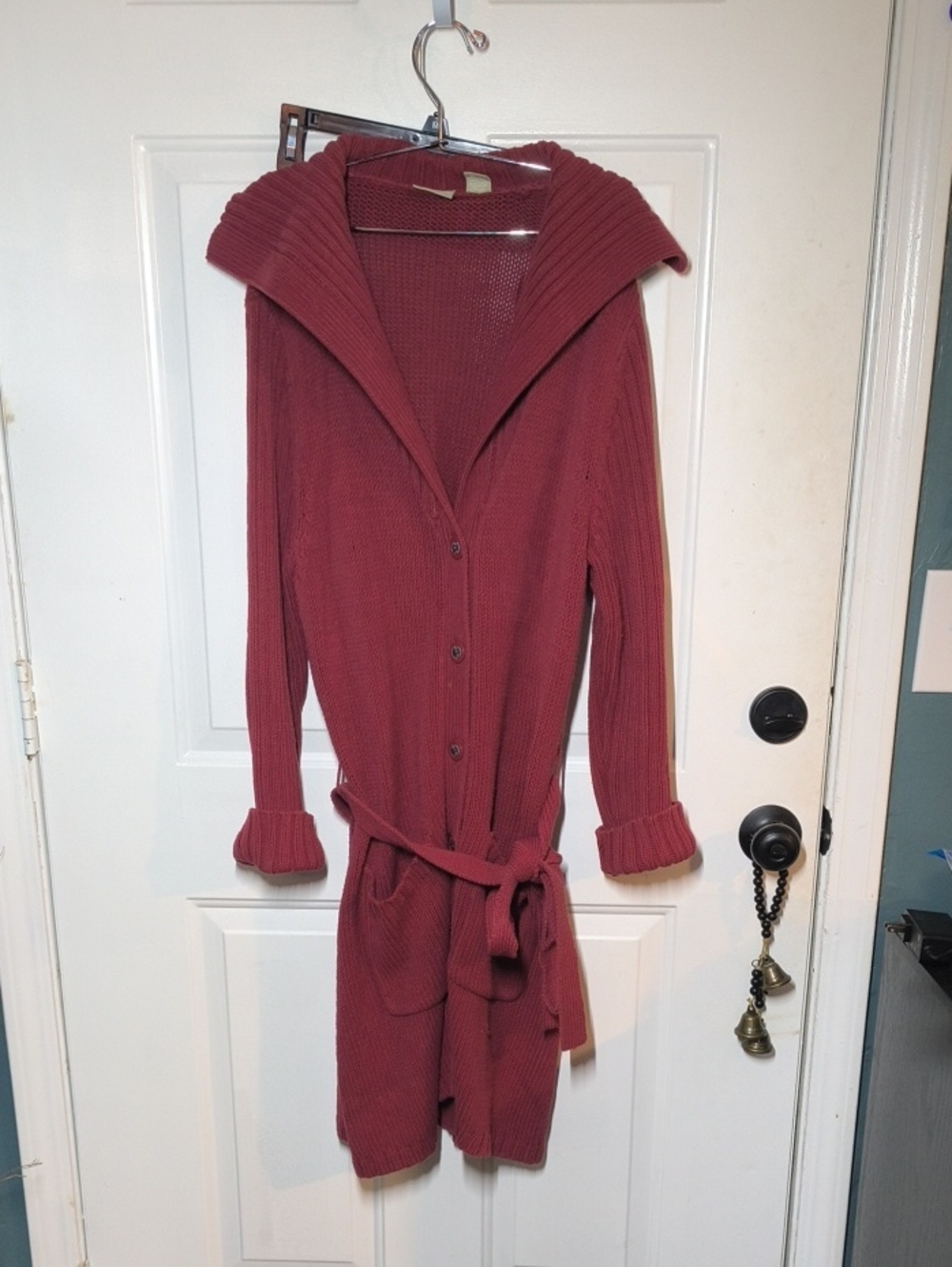 Long Hooded Rib-Knit Cardigan Sweater